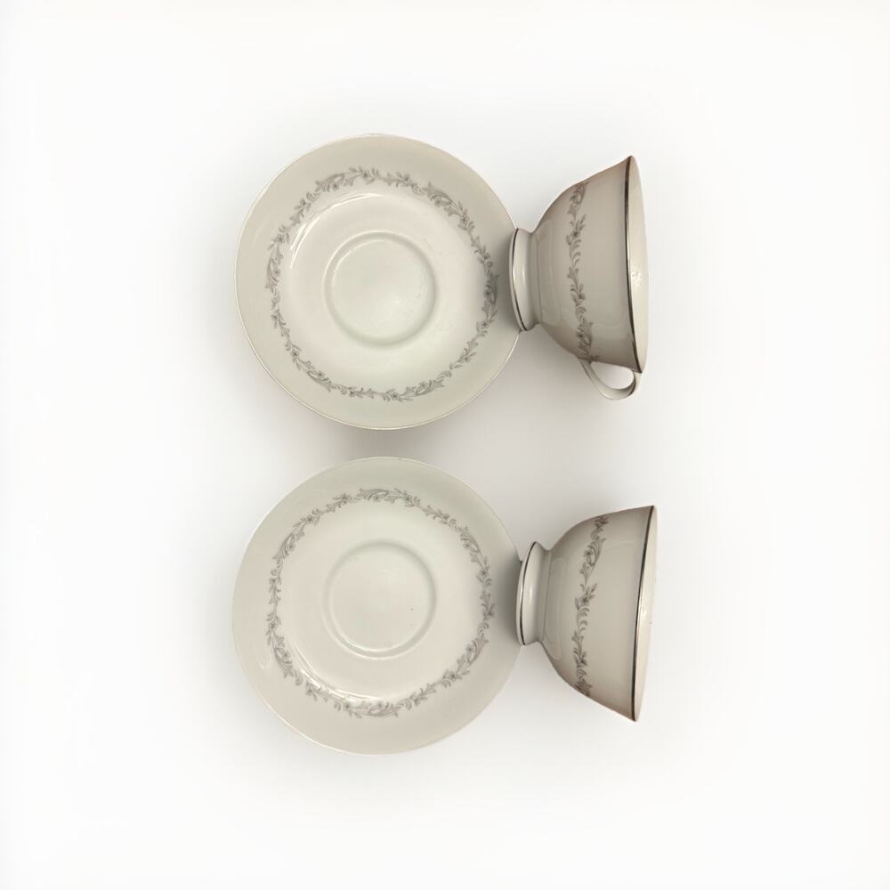 Noritake Crestmont 6013 Cup & Saucer Set of 2 Gray Floral Platinum Japan